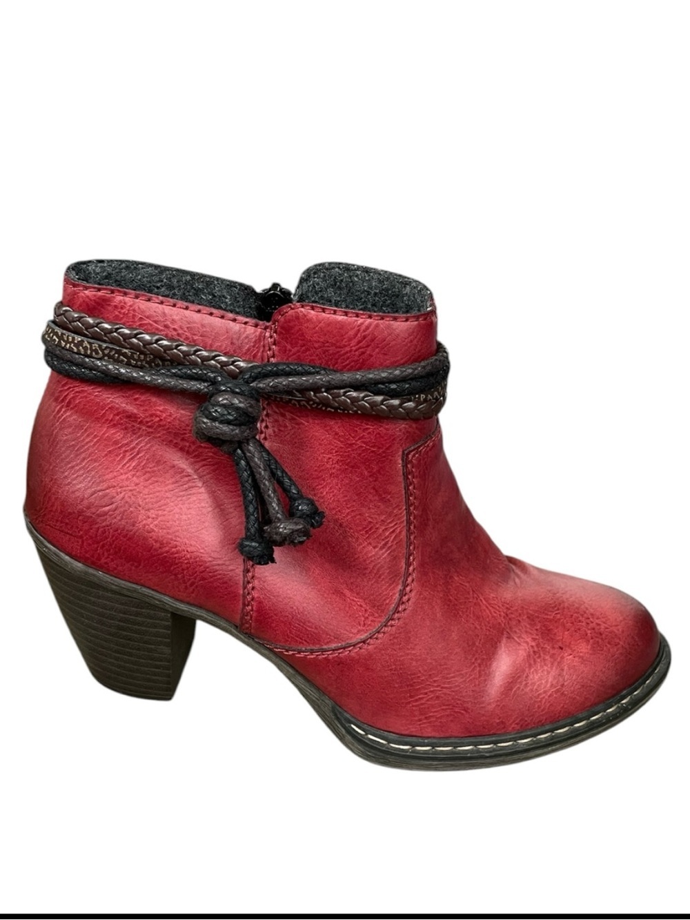 Rieker Burgundy Red Leather Ankle Boot with Braided Wrap 39